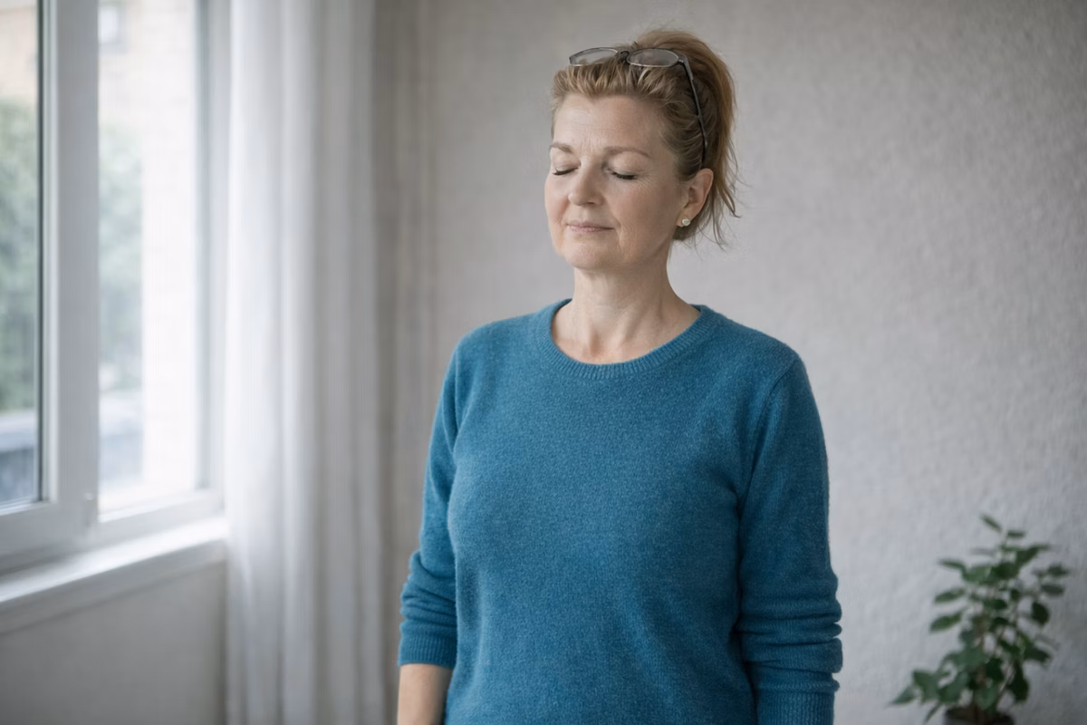 Susanne Sommer steht ruhig am Fenster mit geschlossenen Augen.